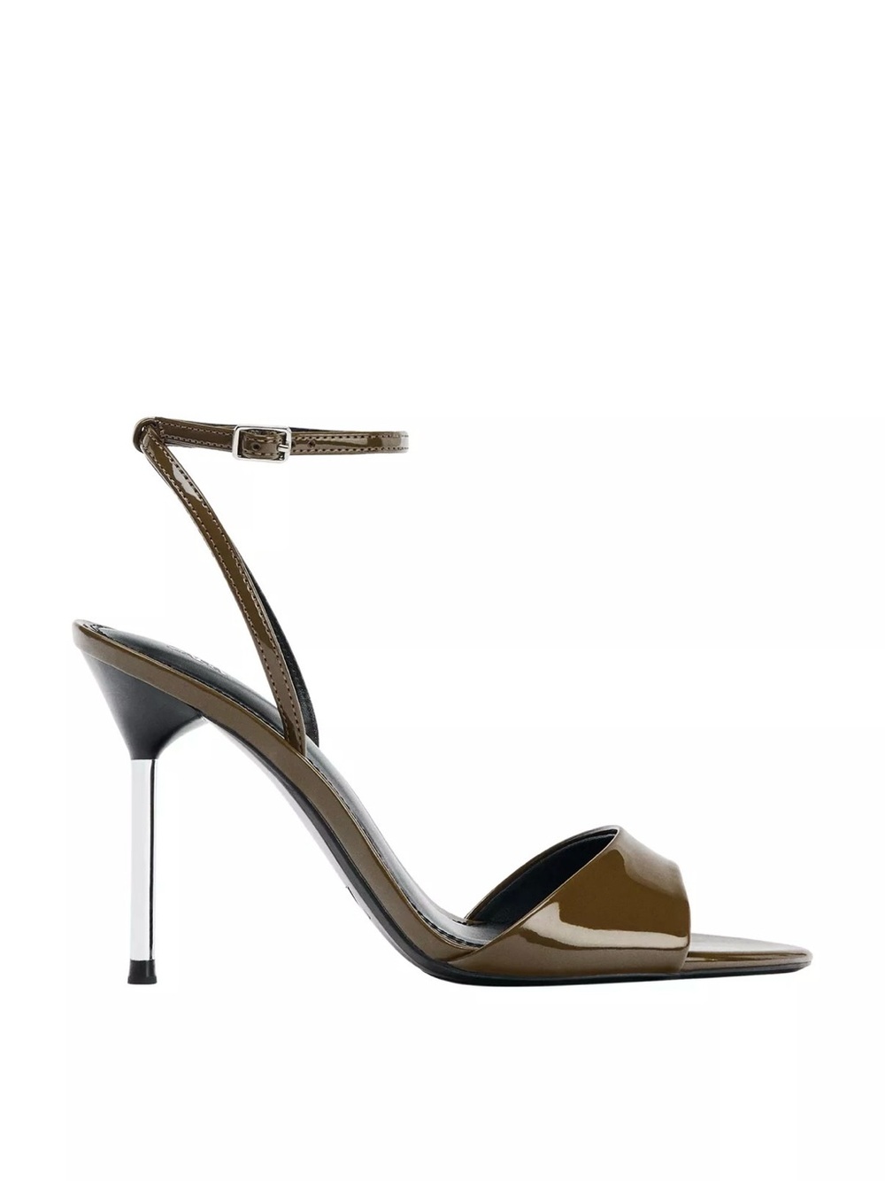 Zara Olive Patent Ankle-Strap Stiletto Sandal with Metallic Heel